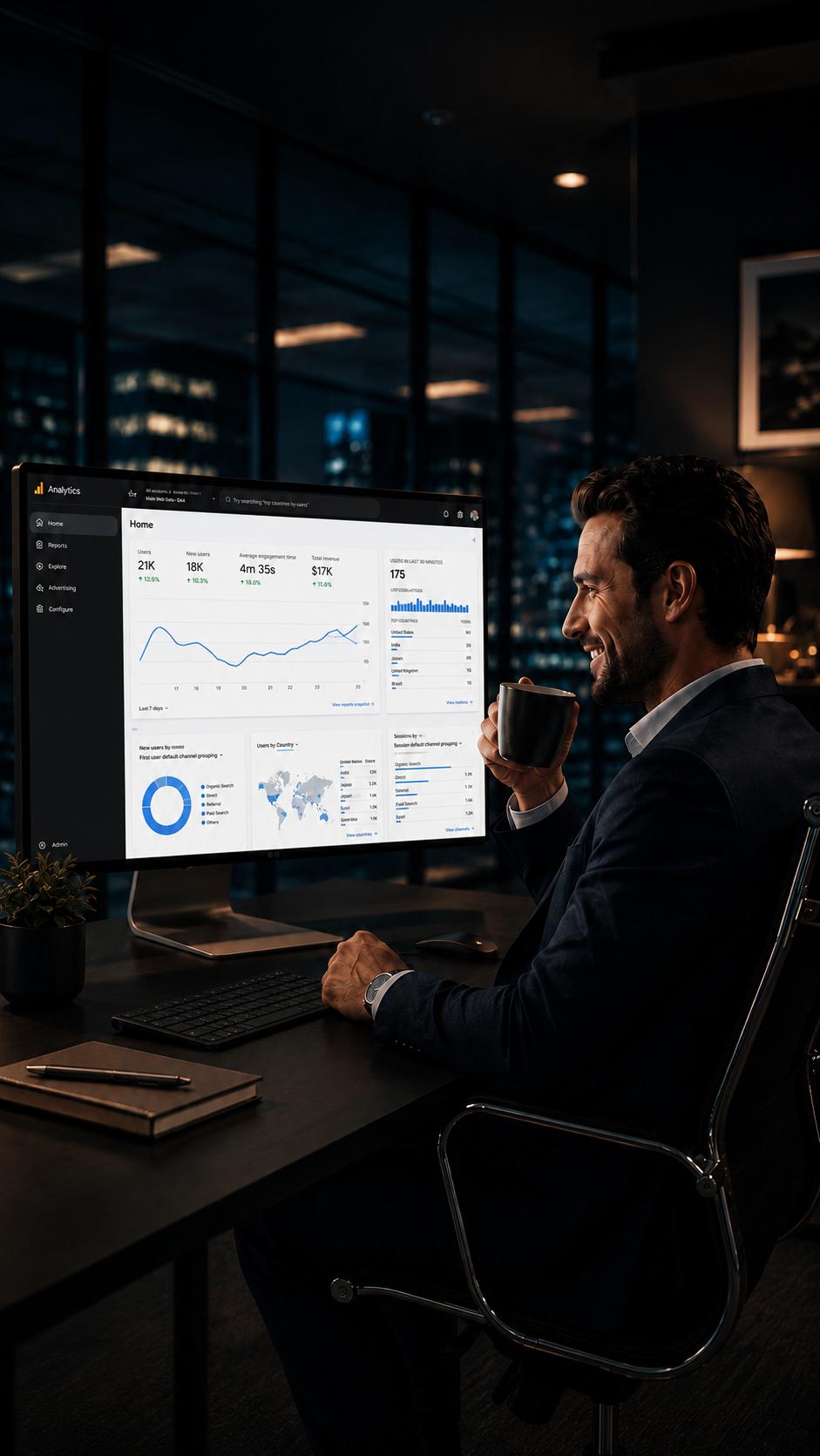 A club executive reviewing a real-time cash flow and performance dashboard on a large monitor in a modern office at night